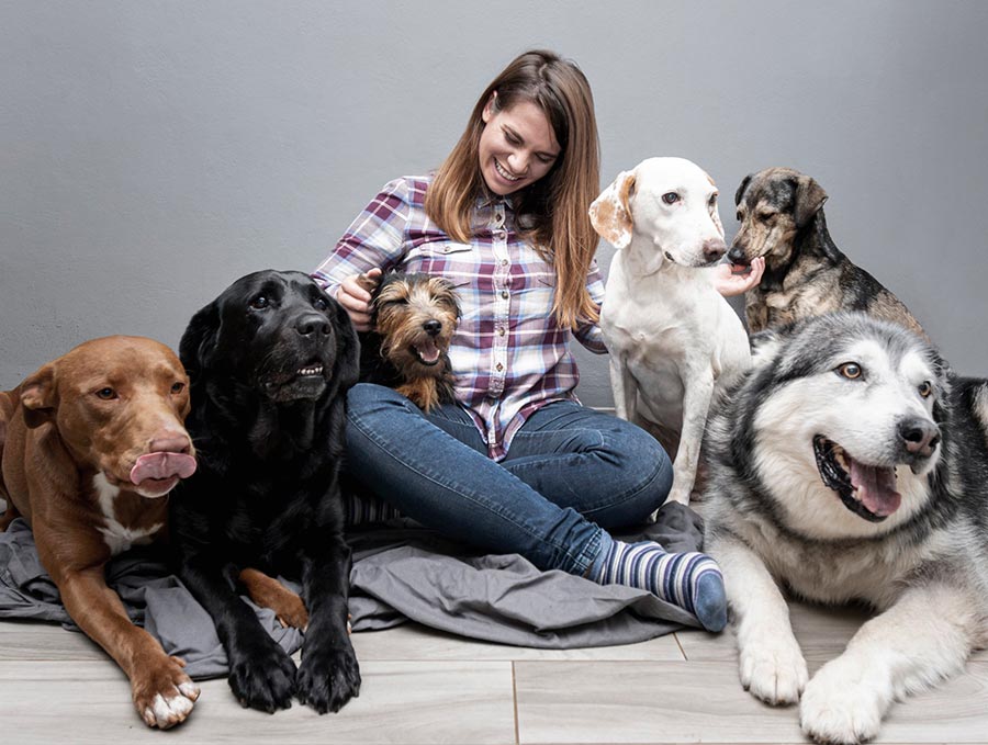 señora sentada en el piso junto a muchos perros